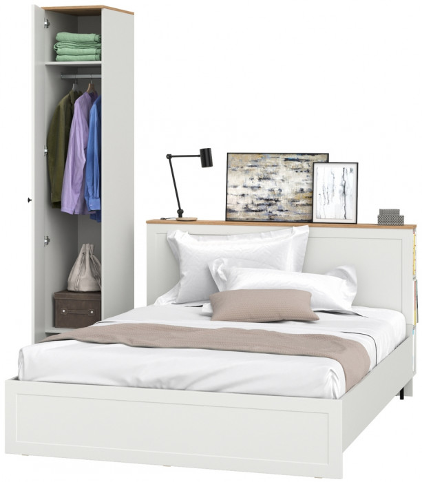 Остин 11.53 Кровать + ортопед + 13.225 Шкаф-пенал, белый шагрень/дуб крафт золотой