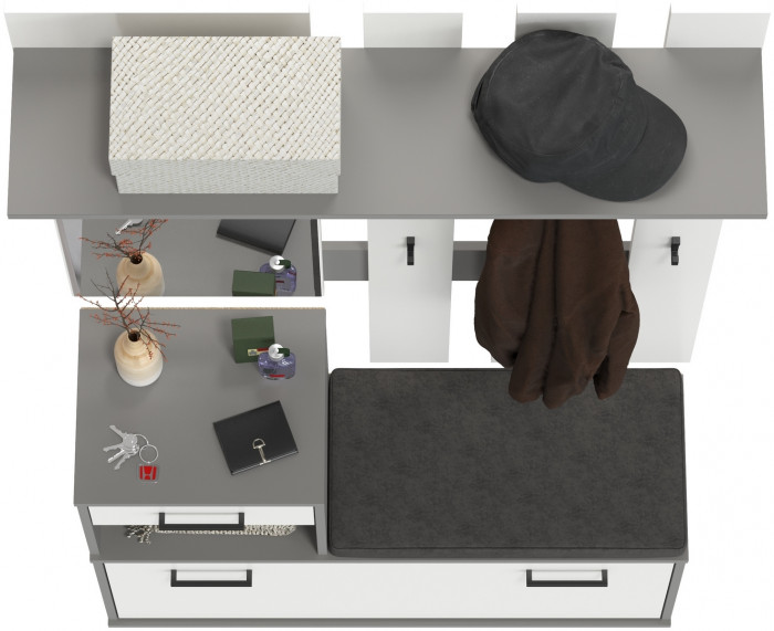 Лира ГК Прихожая 1 2-0714+2-3814 Тумба под обувь + Вешалка с зеркалом, графит/белый