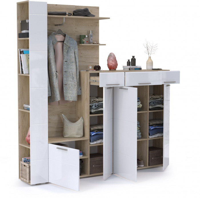 Лайн Прихожая № 09, цвет дуб крафт серый/фасады МДФ белый глянец, ШхГхВ 201,8х35,1х210 см., НЕ универсальная сборка