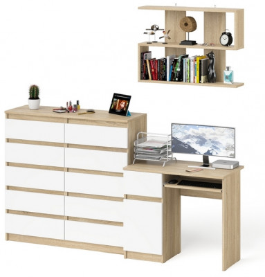 Мори Стол компьютерный МС-1 левый + Комод МК1200.10 + Полка 900, цвет дуб сонома/белый, ШхГхВ 210,4х50х209,6 см., НЕ универсальная сборка