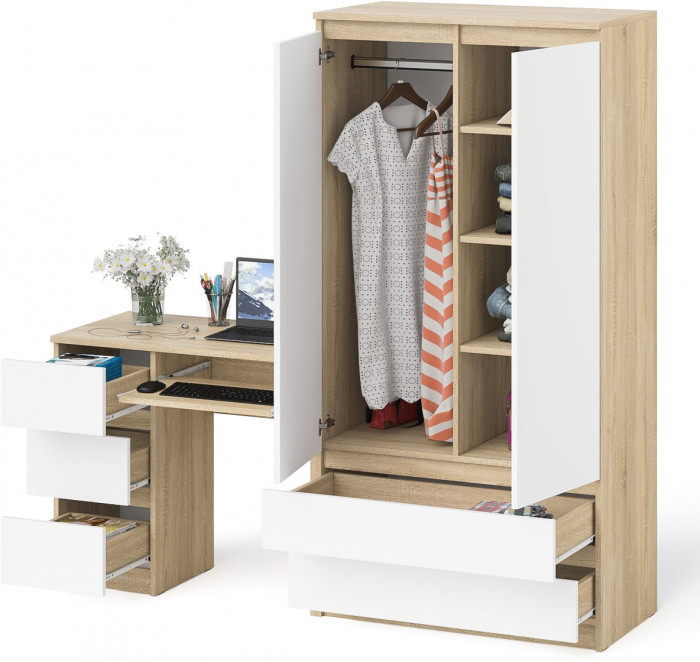 Мори Стол компьютерный МС-6 левый + Шкаф МШ900.1, цвет дуб сонома/белый, ШхГхВ 180,4х50,4х179,6 см., выдвижные ящики слева, НЕ универсальная сборка