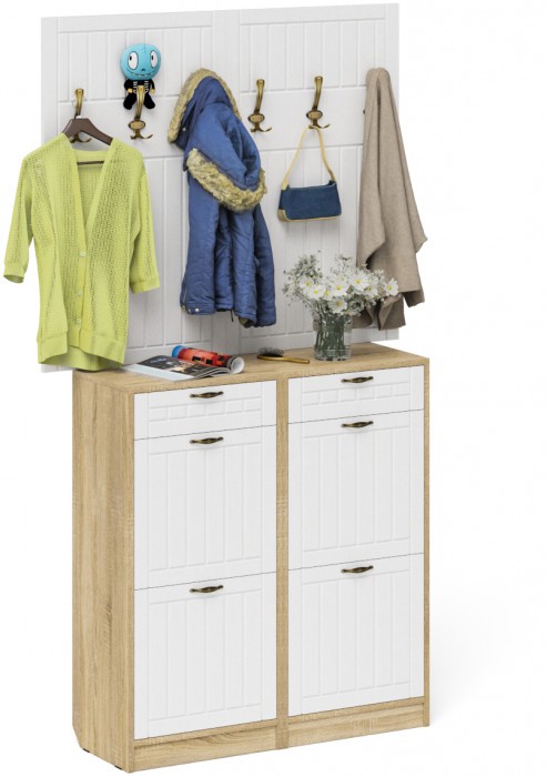 Прихожая П-6 Компоновка № 04, дуб сонома/фасады МДФ белое дерево фрезеровка прованс