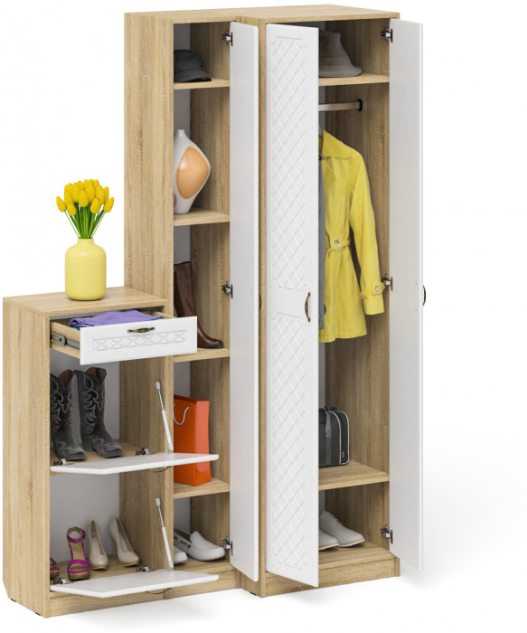 Прихожая П-6 Компоновка № 28, дуб сонома/фасады МДФ белое дерево фрезеровка ромб