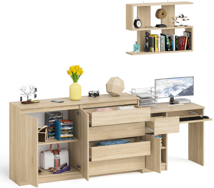 Мори компьютерный стол МС-1 левый + Комод МК1600.1 + Полка 900, дуб сонома