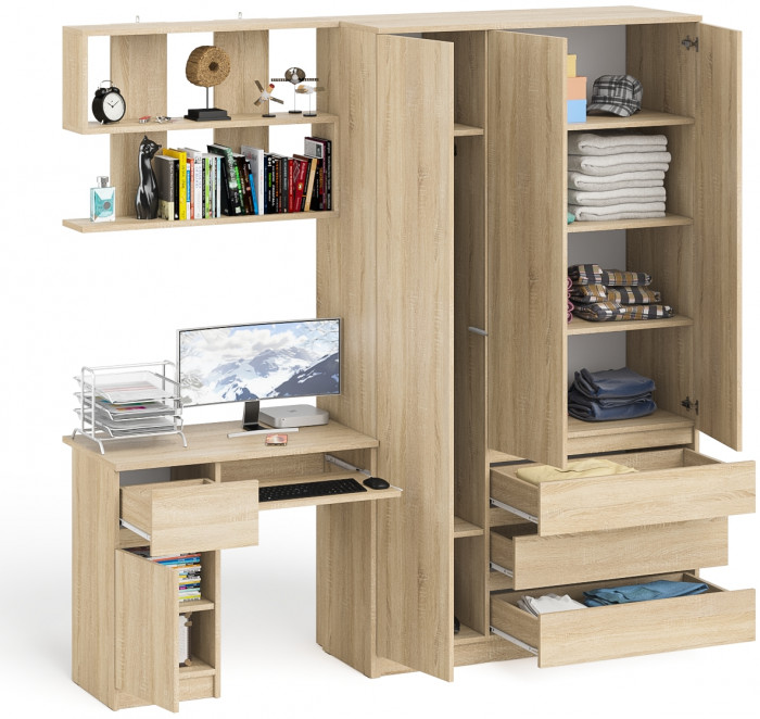 Мори компьютерный стол МС-1 левый + Шкаф МШ1200.1 + Полка 900, дуб сонома
