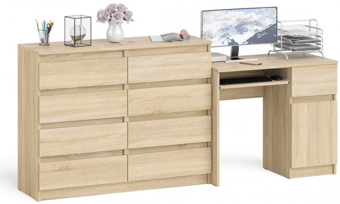 Мори компьютерный стол МС-1 правый + Комод МК1200.8, дуб сонома