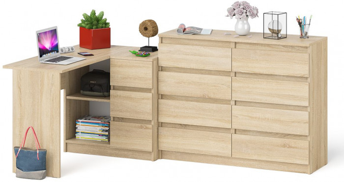 Мори компьютерный стол МС-16 правый + Комод МК1200.8, дуб сонома