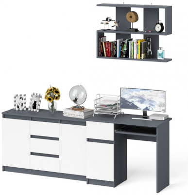 Мори компьютерный стол МС-1 левый + Комод МК1200.3 + Полка 900, графит/белый