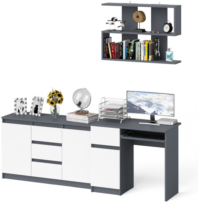 Мори компьютерный стол МС-1 левый + Комод МК1200.3 + Полка 900, графит/белый