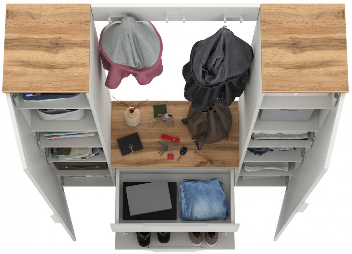 Октава Прихожая 19, цвет белый шагрень/дуб крафт золотой/фасады МДФ белый шагрень, ШхГхВ 129,3х35,4х197,6 см., универсальная сборка