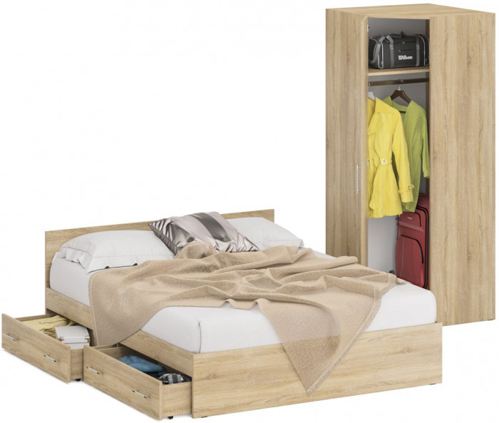 Кровать с ящиками 1600 + угловой шкаф Стандарт, дуб сонома