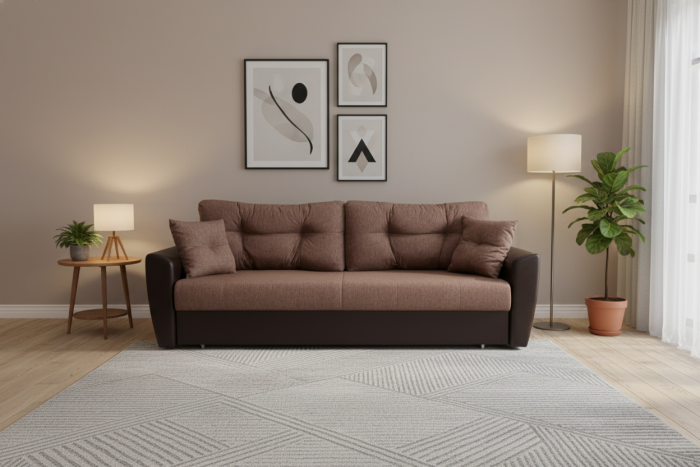 Диван-еврокнижка Амстердам 140, рогожка/экокожа коричневая