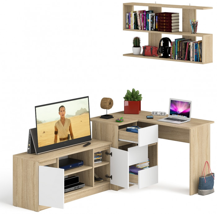Мори компьютерный стол МС-16 левый + Тумба МТВ1200.1 + Полка 1200, дуб сонома/белый