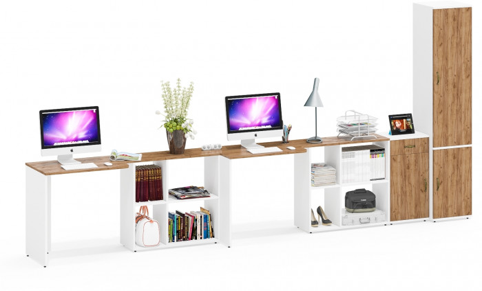 Лидер-8 Стол + Стол + Пенал МД 21Б + Тумба МД 3.15, цвет белый шагрень/крафт золото, ШхГхВ 410х50/37,5х75/190 или 230х160/50х75/190 см., НЕ ун. сб.