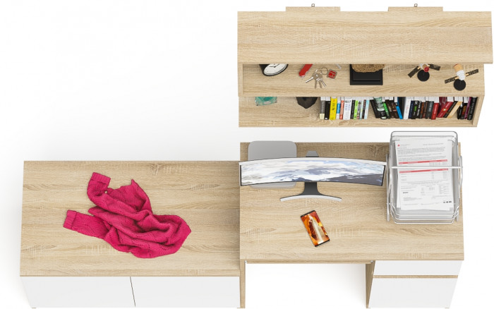 Мори Стол компьютерный МС-1 правый + Тумба МА900.1 + Полка 900, цвет дуб сонома/белый, ШхГхВ 180,4х50,4х209,6 см., НЕ универсальная сборка