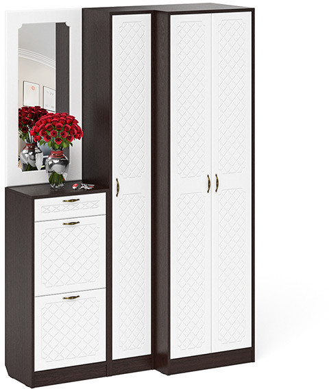 Прихожая П-6 Компоновка № 29, цвет венге/фасады МДФ белое дерево фрезеровка ромб, ШхГхВ 140х50х210 см., универсальная сборка