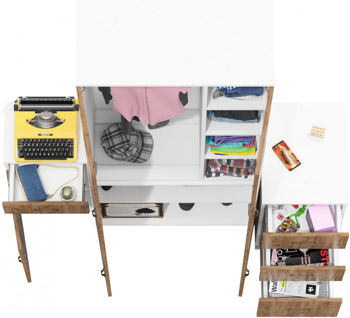 Лидер-8 Шкаф МД 20Б + Тумба МД 3.15 + Тумба МД 3.16, белый шагрень/крафт золото