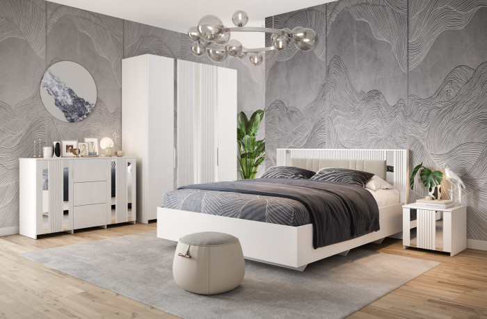 Кровать двуспальная 160х200 "Харди" с зеркальными вставками - Белый текстурный/Ясень белый