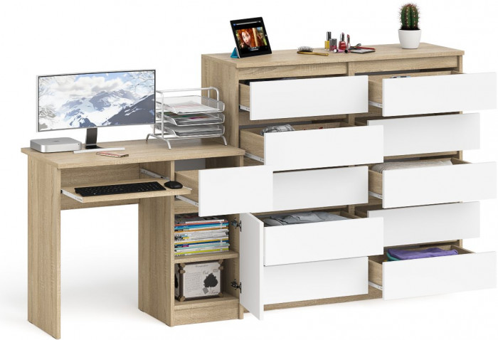 Мори Стол компьютерный МС-1 правый + Комод МК1200.10, цвет дуб сонома/белый, ШхГхВ 210,4х50х115 см., выдвижной ящик справа, НЕ универсальная сборка