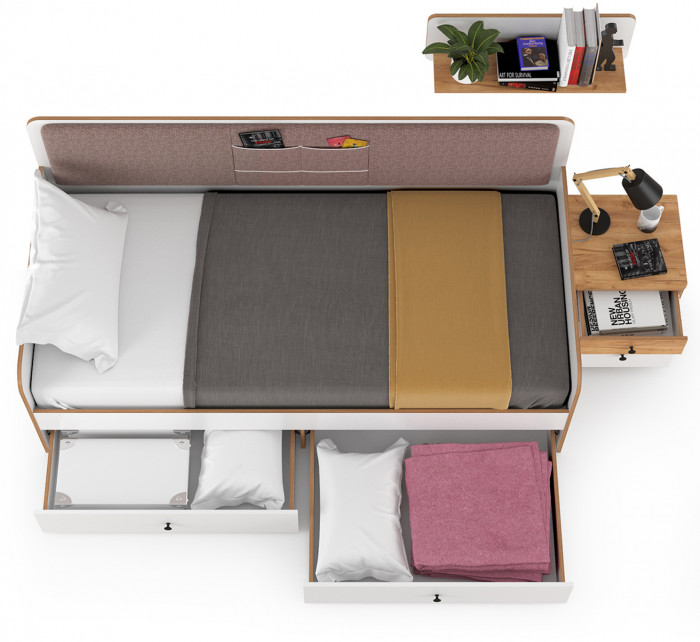 Вуди Компоновка № 33, цвет белый премиум/дуб крафт золотой/саванна латте, сп. м. 900х2000 мм., б/м, основание есть, матрас высотой до 200 мм.