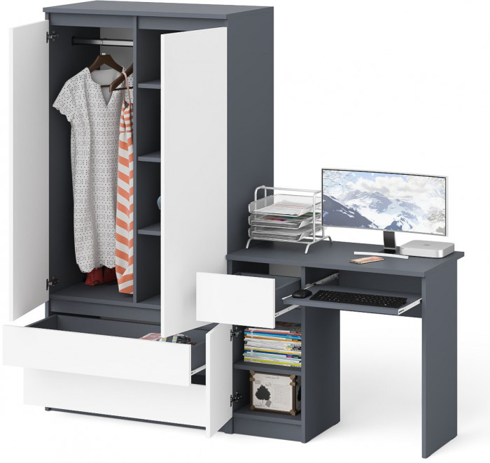 Мори Стол компьютерный МС-1 левый + Шкаф МШ900.1, цвет графит/белый, ШхГхВ 180,4х50,4х179,6 см., выдвижной ящик слева, НЕ универсальная сборка