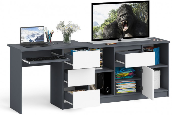 Мори Стол компьютерный МС-6 правый + Тумба МТВ1204.1, цвет графит/белый, ШхГхВ 210,4х50х76,6 см., выдвижные ящики справа, НЕ универсальная сборка