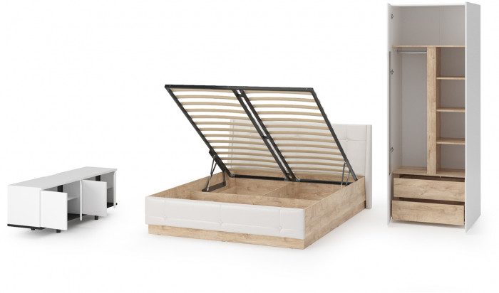 Муссон Спальня № 08, цвет белый/дуб эндгрейн элегантный/искусственная кожа белая, подъёмный ортопед, сп. м. 1600х2000 мм., б/м