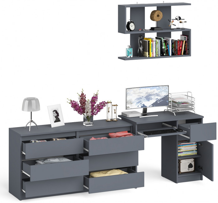 Мори компьютерный стол МС-1 правый + Комод МК1380.6 + Полка 900, графит
