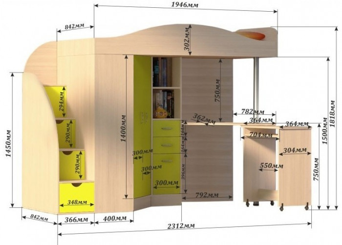 Кровать-чердак Юниор 4 (Ясень Анкор Темный/Белое дерево)