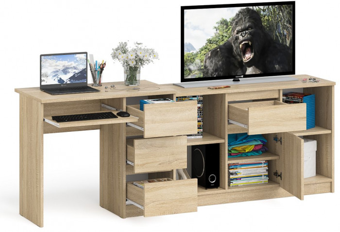 Мори Стол компьютерный МС-6 правый + Тумба МТВ1204.1, цвет дуб сонома, ШхГхВ 210,4х50х76,6 см., выдвижные ящики справа, НЕ универсальная сборка