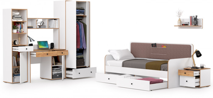 Вуди Компоновка № 35, цвет белый премиум/дуб крафт золотой/саванна латте, сп. м. 900х2000 мм., б/м, основание есть, матрас высотой до 200 мм.