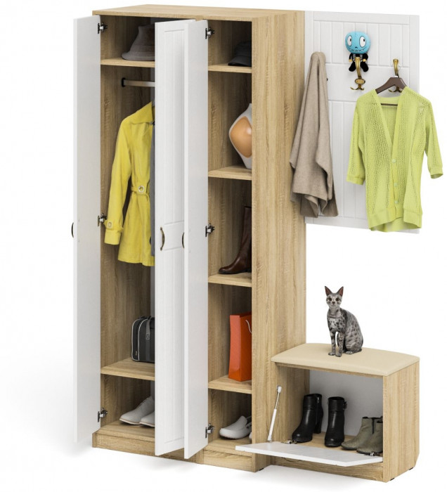 Прихожая П-6 Компоновка № 47, цвет дуб сонома/фасады МДФ белое дерево фрезеровка прованс, ШхГхВ 150х50х210 см., универсальная сборка