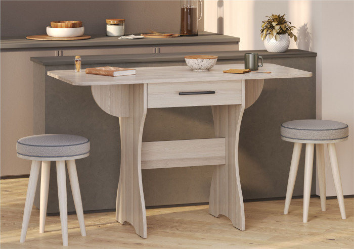 Стол обеденный раскладной с ящиком 6-02.120ТМяс.св, цвет ясень шимо светлый, ШхГхВ 120х57х75 см., 60х57х75 см. сложенный