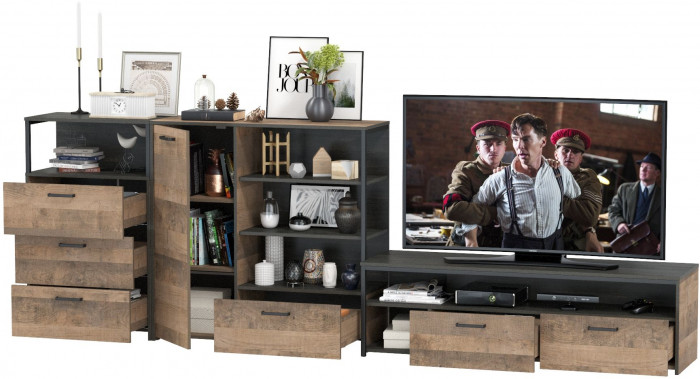 Трувор Гостиная 011, цвет дуб гранж песочный/интра, ШхГхВ 324,8х45,4х106,9 см., универсальная сборка