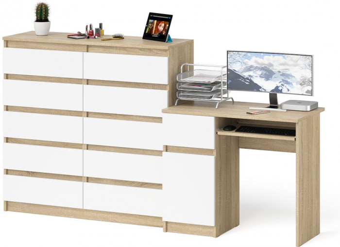 Мори Стол компьютерный МС-1 левый + Комод МК1200.10, цвет дуб сонома/белый, ШхГхВ 210,4х50х115 см., выдвижной ящик слева, НЕ универсальная сборка