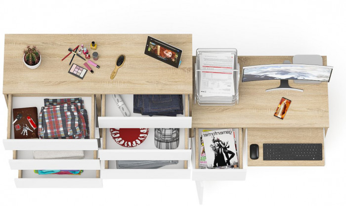 Мори Стол компьютерный МС-1 левый + Комод МК1200.10, цвет дуб сонома/белый, ШхГхВ 210,4х50х115 см., выдвижной ящик слева, НЕ универсальная сборка