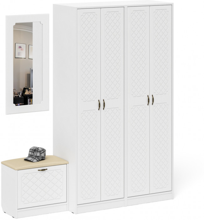 Прихожая П-6 Компоновка № 08, белая шагрень/фасады МДФ белое дерево фрезеровка ромб