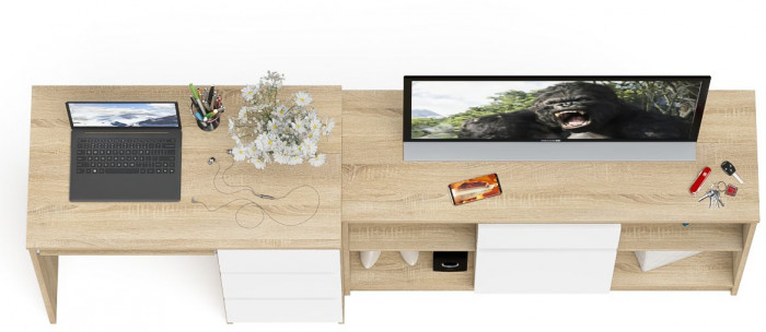 Мори Стол компьютерный МС-6 правый + Тумба МТВ1204.1, цвет дуб сонома/белый, ШхГхВ 210,4х50х76,6 см., выдвижные ящики справа, НЕ универсальная сборка