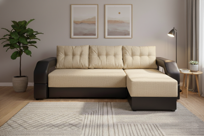 Угловой диван-еврокнижка Манчестер 160х200, с подсветкой, велюр/экокожа бежевая/коричневая