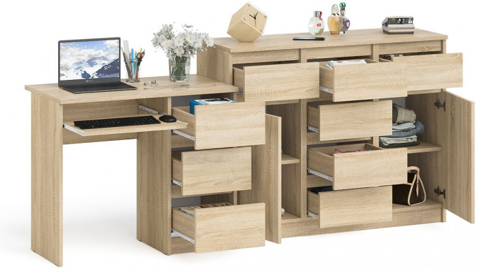 Мори компьютерный стол МС-6 правый + Комод МК1200.4, дуб сонома