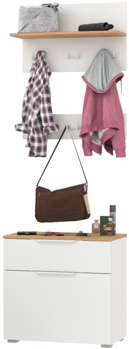 Октава 16.127 Тумба для обуви + 15.14.01 Вешалка + 15.14.02, белый шагрень/дуб крафт золотой/фасады МДФ белый шагрень