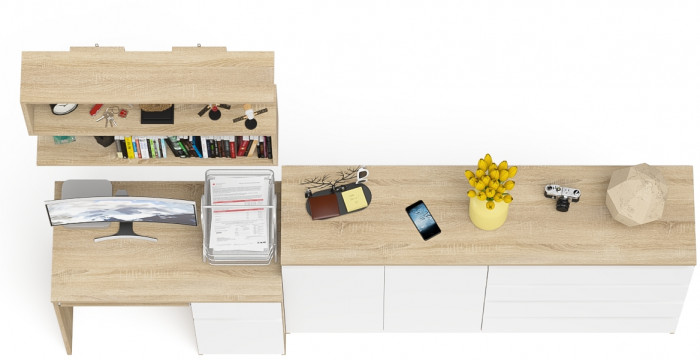 Мори компьютерный стол МС-1 правый + Комод МК1600.1 + Полка 900, дуб сонома/белый