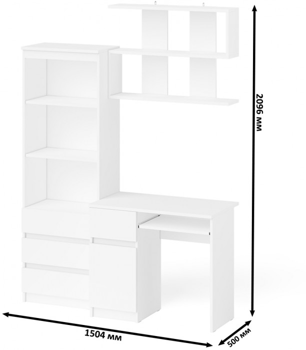 Мори Стол компьютерный МС-1 левый + Стеллаж МСТ600.3 + Полка 900, цвет белый, ШхГхВ 150,4х50х209,6 см., НЕ универсальная сборка