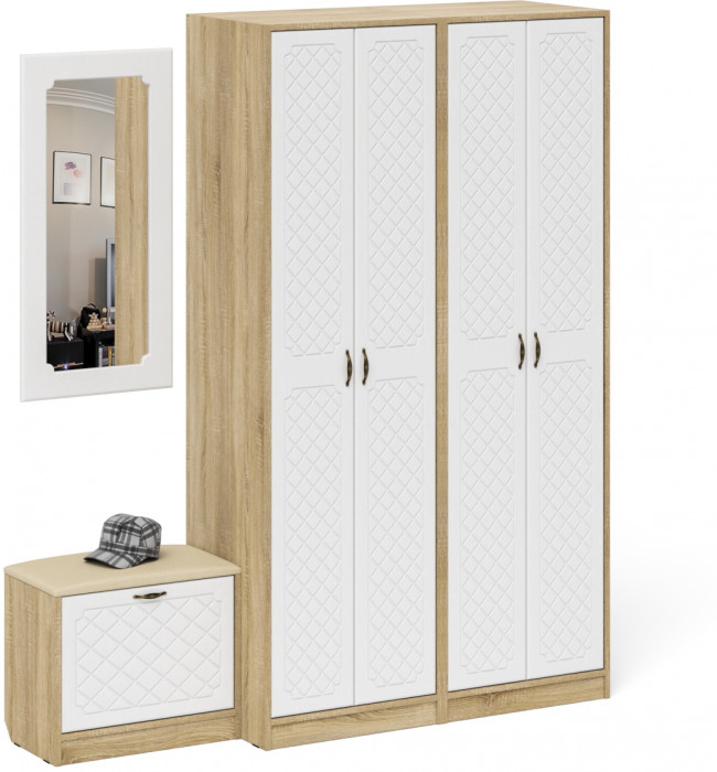 Прихожая П-6 Компоновка № 08, дуб сонома/фасады МДФ белое дерево фрезеровка ромб