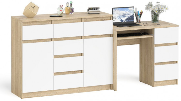 Мори компьютерный стол МС-6 правый + Комод МК1200.4, дуб сонома/белый