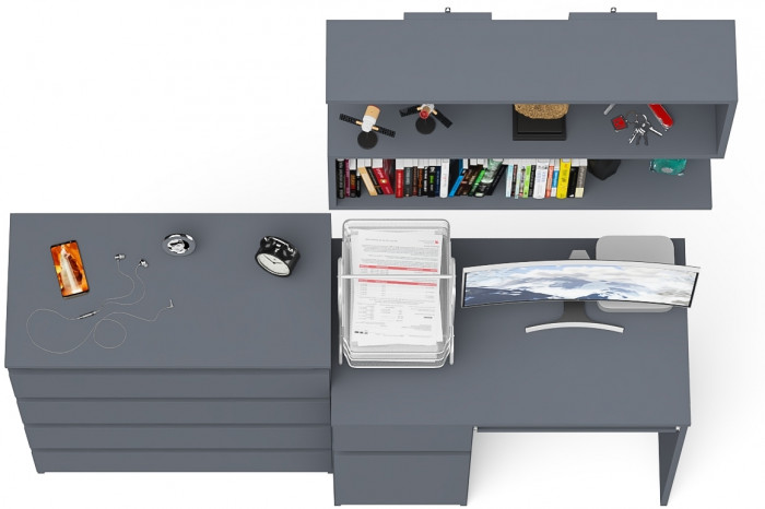 Мори Стол компьютерный МС-1 левый + Комод МК800.4 + Полка 900, цвет графит, ШхГхВ 170,4х50х209,6 см., НЕ универсальная сборка