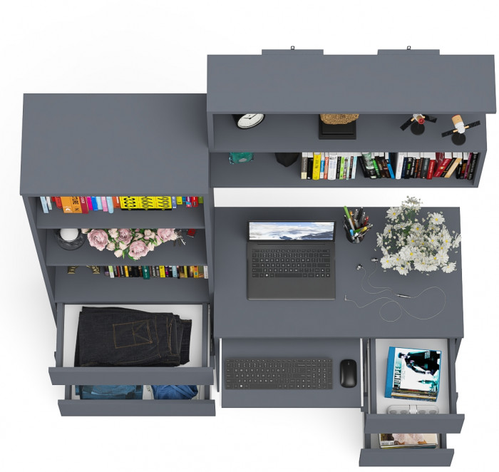 Мори Стол компьютерный МС-6 правый + Стеллаж МСТ600.3 + Полка 900, цвет графит, ШхГхВ 150,4х50х209,6 см., НЕ универсальная сборка