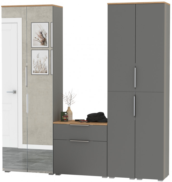 Октава Прихожая 28, цвет серый графит/дуб крафт золотой/фасады МДФ серый графит, ШхГхВ 193,7х35,4х197,6 см., универсальная сборка