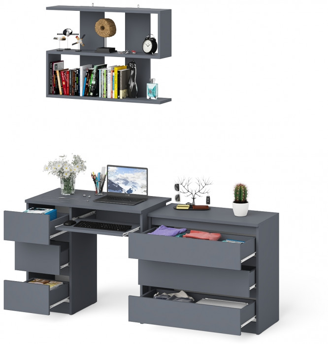 Мори Стол компьютерный МС-6 левый + Комод МК800.1 + Полка 900, цвет графит, ШхГхВ 170,4х50х209,6 см., НЕ универсальная сборка