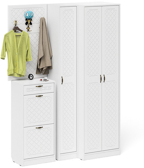 Прихожая П-6 Компоновка № 30, белая шагрень/фасады МДФ белое дерево фрезеровка ромб